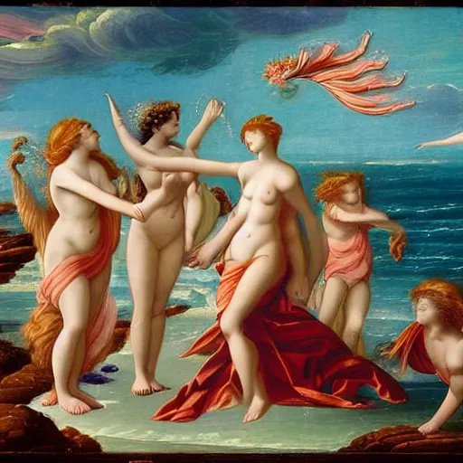 Image similar to The digital art depicts the goddess Venus, who is born from the sea, being blown towards the shore by the wind god Zephyr. On the shore, the goddess of love, beauty, and fertility, is greeted by the nymphs who attend to her. The digital art is a masterful example of use of color, light, and perspective. The figures are depicted in graceful poses, and the overall effect is one of serenity and beauty. by Bastien Lecouffe-Deharme earthy, monumental