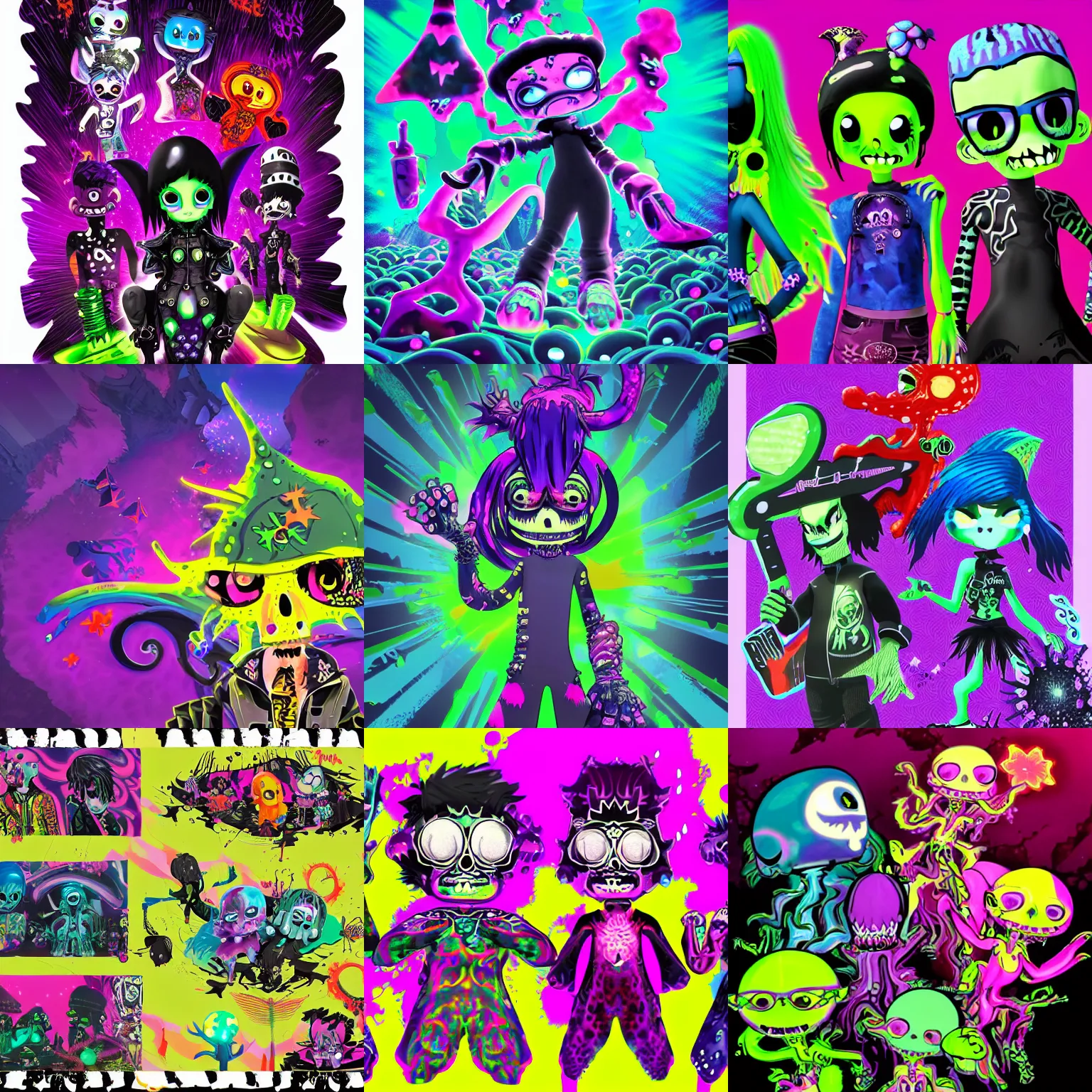 Prompt: CGI lisa frank gothic punk glow in the dark vampiric rockstar underwater caustics vampire squid background designs of various shapes and sizes by genndy tartakovsky and the creators of fret nice at pieces interactive and splatoon by nintendo and psychonauts by doublefines tim shafer being overseen by Jamie Hewlett from gorillaz for splatoon by nintendo