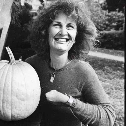 Image similar to 1 9 8 0 s woman smiling while she is painting a funny face on a pumpkin, newspaper photo