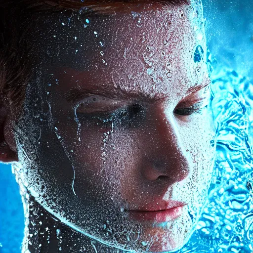 Image similar to a human head in a bottle, water art manipulation, on the ocean water, futuristic, glowing, hyper realistic, ray tracing, realistic water splashes, sharp focus, long shot, 8 k resolution, cinematic, photoshop art