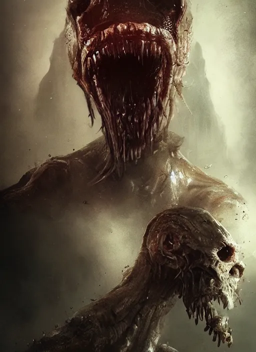 Image similar to A portrait of a horrific creature by Greg Rutkowski, Sung Choi, Mitchell Mohrhauser, Maciej Kuciara, Johnson Ting, Maxim Verehin, Peter Konig, Resident evil , 8k photorealistic, cinematic lighting, HD, high details, dramatic, atmospheric , trending on artstation