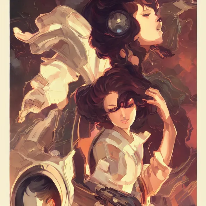 Image similar to anime portrait yor forger, futuristic science fiction, mucha, hard shadows and strong rim light, art by jc leyendecker and atey ghailan and sachin teng