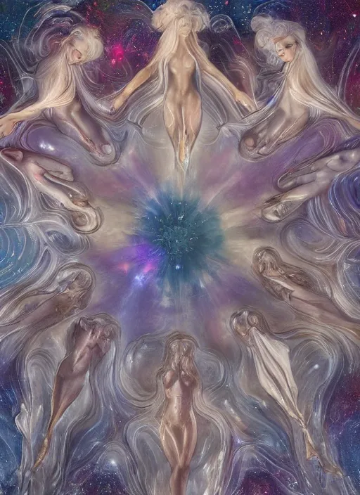 Image similar to collection of beautiful celestial females exposed in cryo chamers by James Jean, intricate, elegant, highly detailed, centered, digital painting, artstation, concept art, smooth, sharp focus, illustration, at the Salar De Uyuni, Hexagonal formations on the surface of salt crystallization, combined between sedimentary deposits, bubbling geysers, interstellar night reflection of the sky, intricate, elegant, luxurious, digital painting, concept art, smooth, sharp focus, from Star Trek 2021, illustration, by WLOP and Ruan Jia and Mandy Jurgens and William-Adolphe Bouguereau, Artgerm