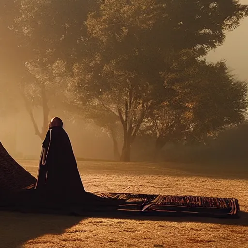 Prompt: a priest sleeping against a twisting wicker coffin, foggy, sun rays, cinematic shot, photo still from movie by denis villeneuve, wayne barlowe