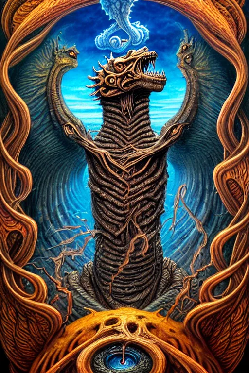 Image similar to A beautiful detailed grotesque godness monster super cute tarot card, by tomasz alen kopera and Justin Gerard, symmetrical features, ominous, magical realism, texture, intricate, ornate, royally decorated, mechanic, skeleton, whirling smoke, embers, red adornements, blue torn fabric, radiant colors, fantasy, trending on artstation, volumetric lighting, micro details, 3d sculpture, ray tracing, 8k, anaglyph effect, digital art