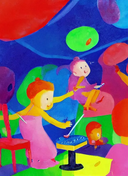 Prompt: “Several small children painting pictures and jumping happily in a colorful room. Paint is flying and dripping. Illustration for children's book”