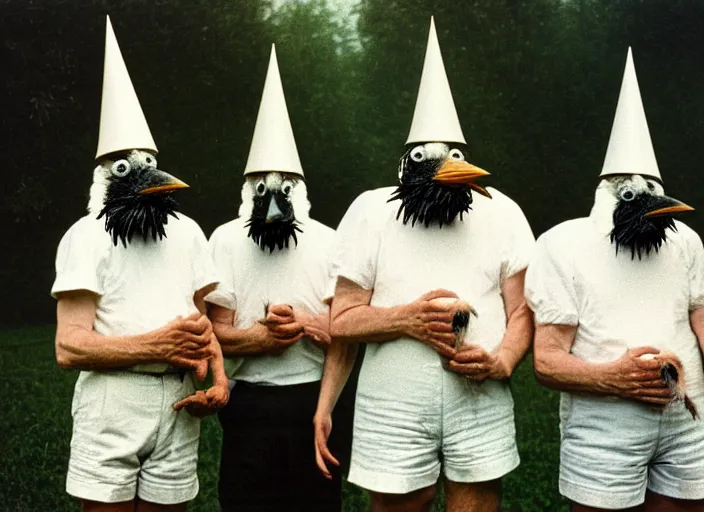 Prompt: realistic photo portrait of a three old hairy scientists wearing white shorts, cone heads, holding crows on their faces covered 1 9 9 0, life magazine reportage photo, natural colors