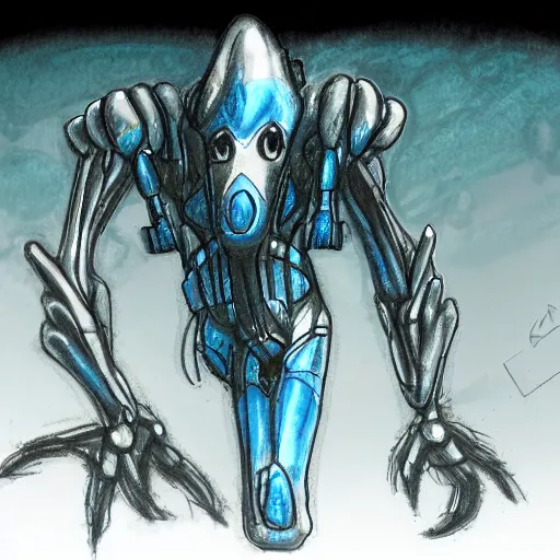 Image similar to concept art sketch of a cyberpunk insectoid underwater alien and its minions