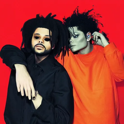 Prompt: the weeknd and michael jackson with red clothes, after hours album cover