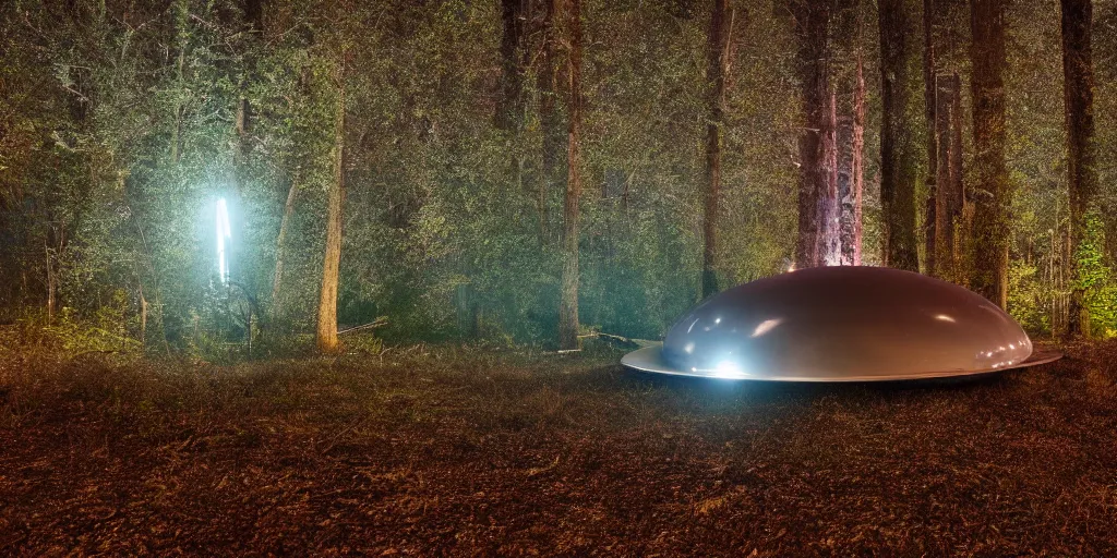 Prompt: an alien craft landed in the woods, shiny and metallic, night time, volumetric lighting, wide shot