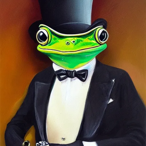 Image similar to a frog in a tuxedo with a top hat smoking a pipe, oil painting, portrait