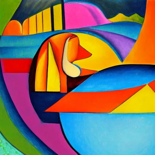 Prompt: woman watches the fast flowing river and gathers the colors, sounds and dreams of her community, abstract art in the style of cubism and georgia o keefe,