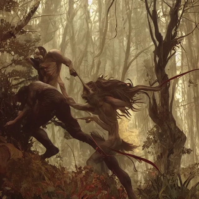 Image similar to a male werewolf fighting a young fit male vampire in a dark forest at night, by greg rutkowski and alphonse mucha, gradient brown to red, highly detailed, digital painting, artstation, concept art, smooth, sharp focus illustration