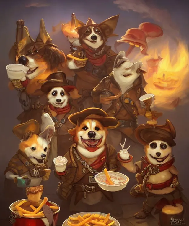 Prompt: a portrait of three anthropomorphic corgi pirates eating hamburgers and fries, restaurant in background, cute and adorable, dnd character art portrait, well rendered matte fantasy painting, deviantart artstation, by jason felix by steve argyle by tyler jacobson by peter mohrbacher, cinematic lighting