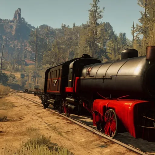 Image similar to futuristic sleek steam locomotive in red dead redemption 2