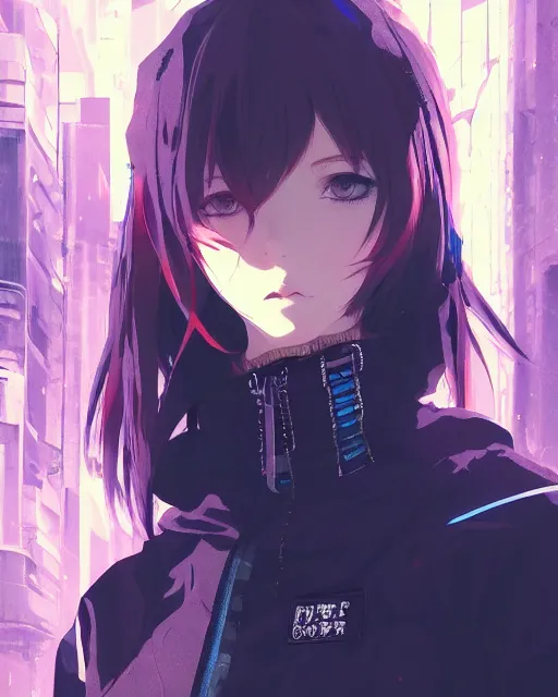 Image similar to kyoto animation, cool girl wearing cyberpunk intricate streetwear, beautiful, detailed portrait, cell shaded, 4 k, concept art, by wlop, ilya kuvshinov, artgerm, krenz cushart, greg rutkowski, pixiv. cinematic dramatic atmosphere, sharp focus, volumetric lighting, cinematic lighting, studio quality