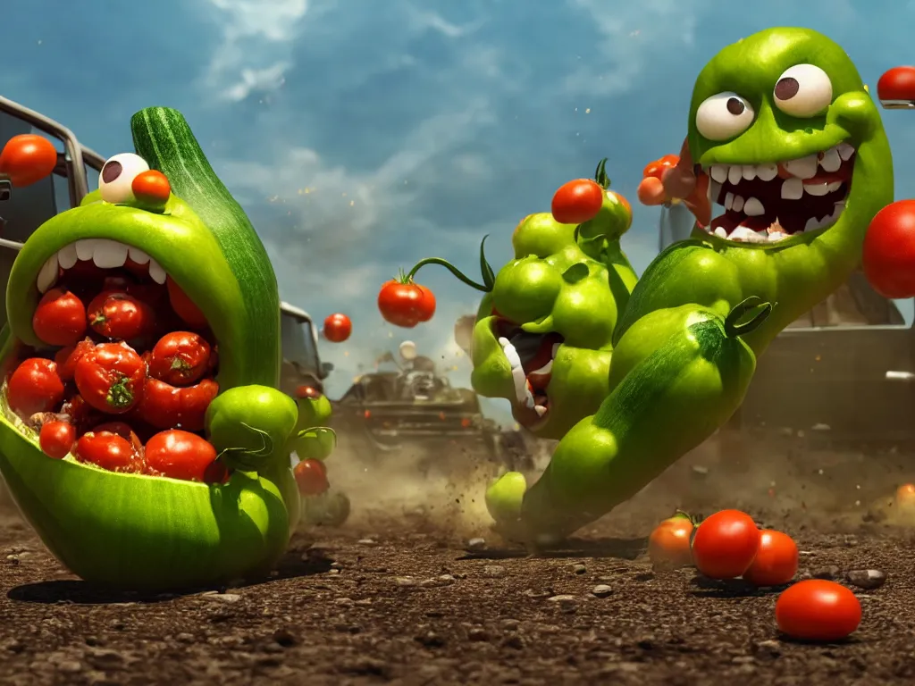 Image similar to highly detailed 3 d render of a raging mad angry zucchini character, guns blazing, dirt road showdown, wimpy tomates scattered everywhere, high speed action, explosions, dramatic scene, hyper realistic octane render, cinematic lighting, tomato splatter, deviantart, black sky, lowbrow, surrealism, pixar still, mayhem