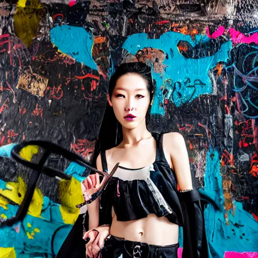 Image similar to photo realistic, high level of detail, high resolution, 3 5 mm lens : ( subject = korean top model + ( object = ( high definition highly detailed baroque cyberpunk shamaness, varnished oil paint in bright colors on black background with small background color splatters, by katsuhiro otomo ) as graffiti on the wall ) )