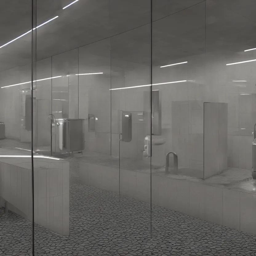 Image similar to an infinite public restroom with endless stalls and endless sinks fading into the distance, mirrors!, showers, tile, cinematic lighting, volumetric lighting, award winning photography, highly detailed, intricate, sharp focus, 4 k wallpaper, unreal engine, 9 0 mm, f / 1. 4