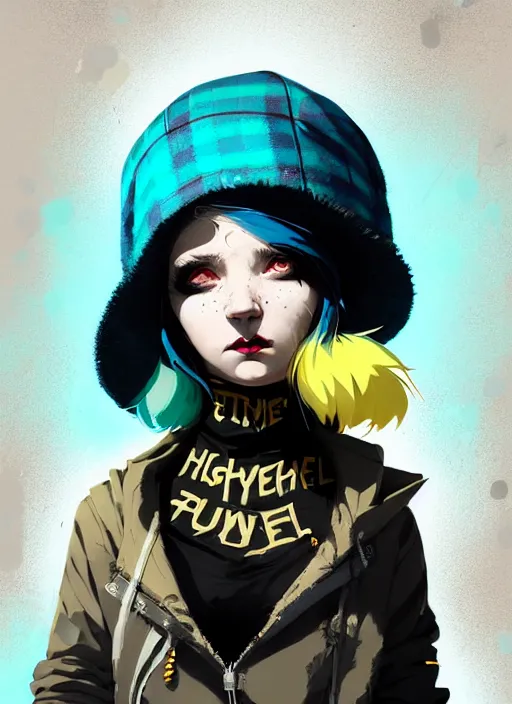 Image similar to highly detailed portrait of a sewer punk lady student, blue eyes, tartan hoody, hat, white hair by atey ghailan, by greg rutkowski, by greg tocchini, by james gilleard, by joe fenton, by kaethe butcher, gradient yellow, black, brown and cyan color scheme, grunge aesthetic!!! ( ( graffiti tag wall background ) )