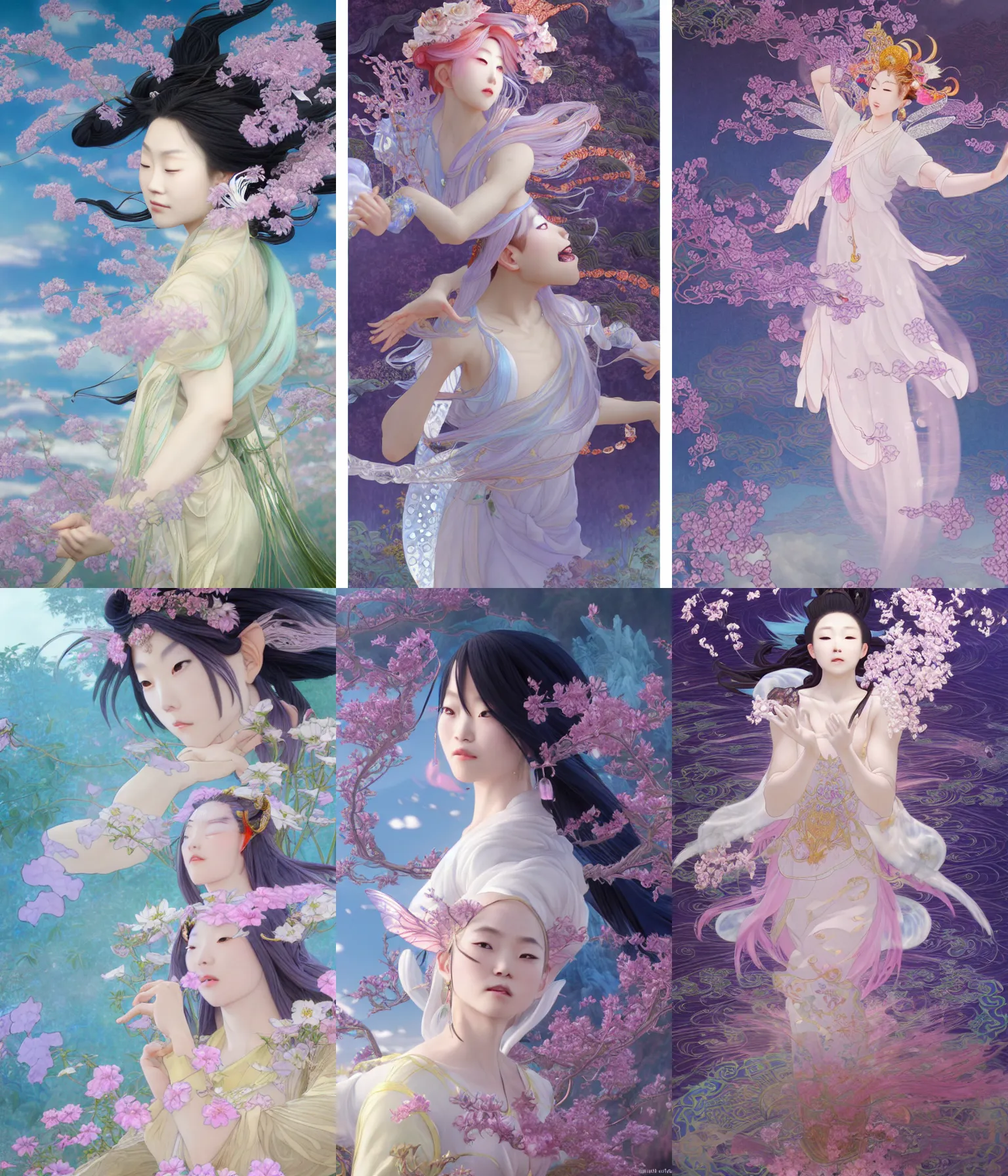 Prompt: chinese taoist fairy godde with crystal liu's face. misty clouds, hyper detailed, character concept, full body, dynamic pose, intricate, lineart, cerpuscular rays, lily flowers. by yoshitaka amano, alfons mucha and makoto shinkai. 8 k