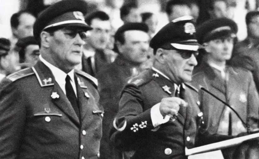 Prompt: 60s movie still of Josip Broz Tito with his general's cap delivering a speech at a soviet's congress, by Irving Penn , kodakchrome, heavy grainy picture, very detailed, high quality, 4k, HD criterion, precise texture