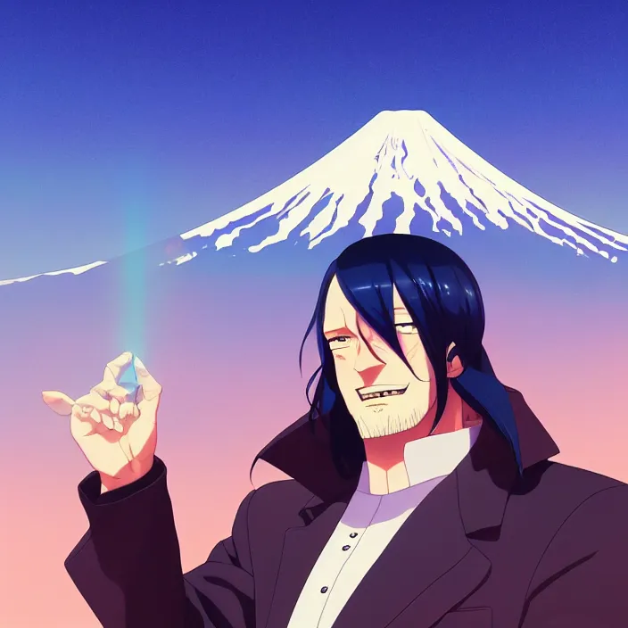 Image similar to portrait of the undertaker, mount fuji background, rich vivid colors, ambient lighting, dynamic lighting, 4 k, hq, official media, anime key visual, makoto shinkai, ilya kuvshinov, lois van baarle, rossdraws, detailed, trending on artstation