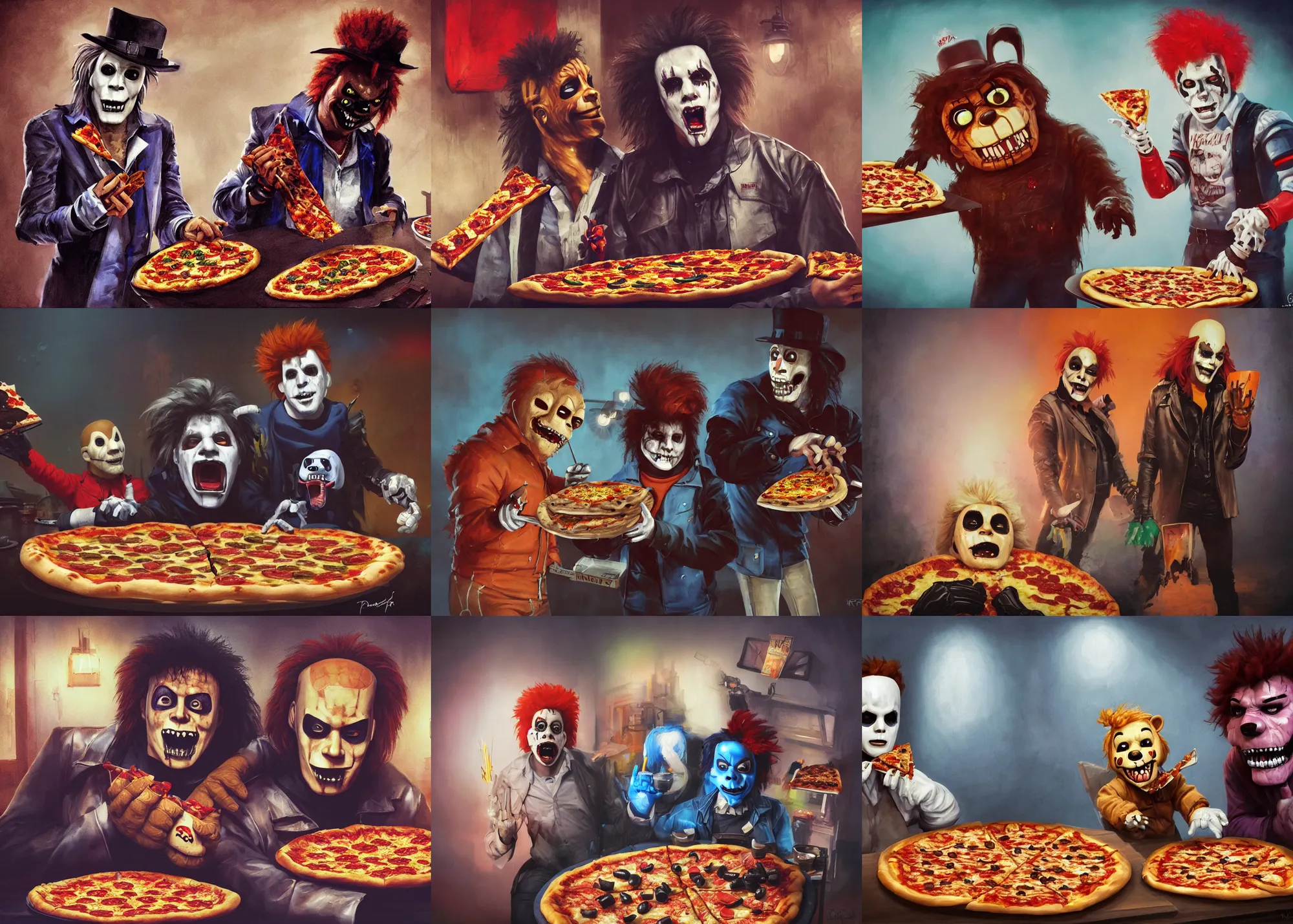 Prompt: portrait painting of Michael Myers and Glamrock Freddy from Five Nights at Freddy eating a delicious pizza, tables, happy, charming, typical, picturesque, sharp focus, wide shot, trending on ArtStation, masterpiece, by Greg Rutkowski, by Ross Tran, by Fenghua Zhong, octane, soft render, oil on canvas, colorful, cinematic, environmental concept art