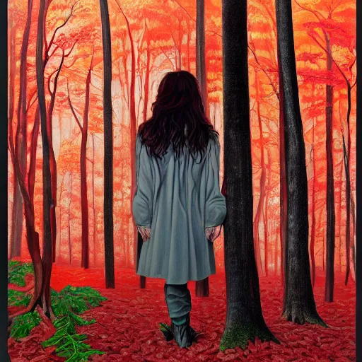 Prompt: kate bush standing in a red leafed a forest where no one is around to hear it, incredibly detailed oil painting, high octane, trending on artstation, incredible fineline, regal, fine art museum piece, drum scanner