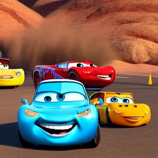 Image similar to cars movie with the face of David Copperfield on the body car, pixar