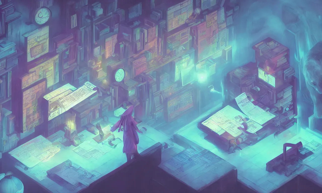 Image similar to workstations, kerberos realm, faked ticket close up, wizard reading a directory, pastel colours ravine, 3 d art, digital illustration, perfect lighting