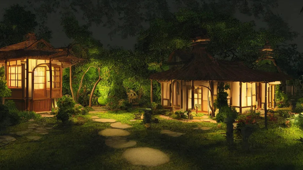 Prompt: still frame garden house by studio ghibli twilight lighting - n 9