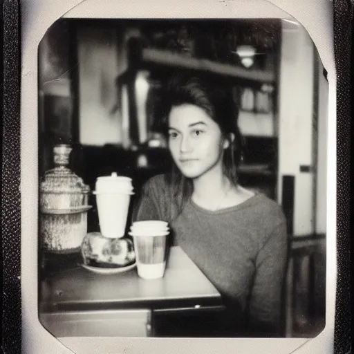 Prompt: a very beautiful old polaroid picture of a young women inside a coffee shop, award winning photography