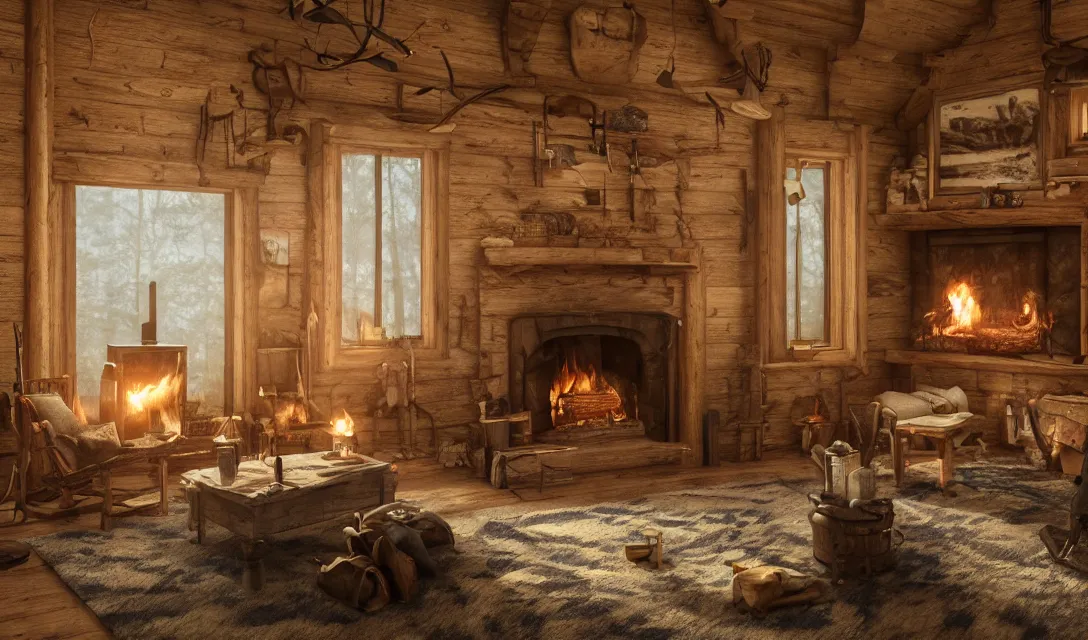 Image similar to cozy interior of a hunting cabin, fireplace, ascher clemens, home, interior, octane render, deviantart, greg rutkowski, cinematic, key art, hyperrealism, canon eos c 3 0 0, ƒ 1. 8, 3 5 mm, 8 k, medium - format print