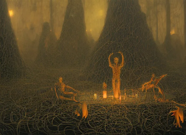 Image similar to satanic ritual, summoning the devil, marching band, they are watching, RGB, glowing wires everywhere, pristine, by Edgar Maxence and Ross Tran, Zdzisław Beksiński, and Michael Whelan, distant, gustav dore, H.R. Giger, 8k, octane render