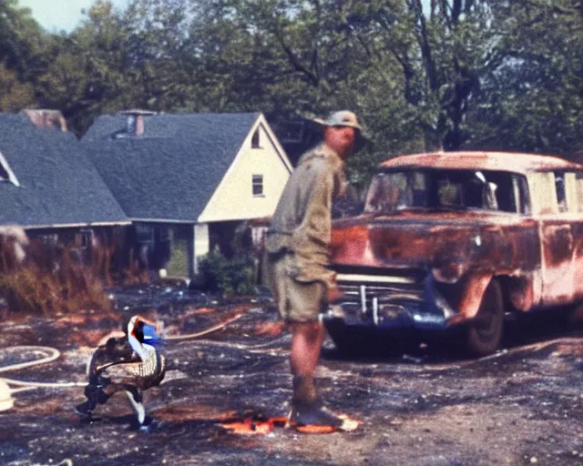 Prompt: a movie still from 'A Goose Set my House on Fire', 40mm tape, technicolour film, goose in foreground!!!!, housefire, letterboxing, widescreen