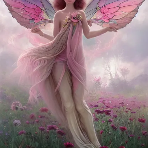 Image similar to a beautiful pink fairy with large wings and flowing hair exploring her lonely flower garden by herself in the style of tom bagshaw, extremely detailed, muted colors