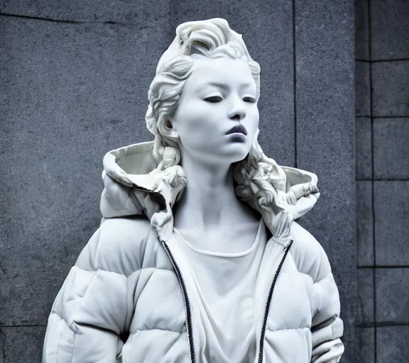 Image similar to well lit fashion shoot portrait of extremely beautiful female marble statue wearing huge over size puffer jacket by dingyun zhang, yeezy, balenciaga, vetements, a cold wall, sharp focus, clear, detailed,, cinematic, detailed, off white, glamourous, symmetrical, vogue, editorial, fashion, magazine shoot, glossy