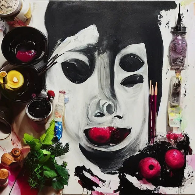 Image similar to “ a portrait in a female art student ’ s apartment, sensual, a pig theme, art supplies, paint tubes, ikebana, herbs, a candle dripping white wax, black walls, squashed berries, berry juice drips, acrylic and spray paint and oilstick on canvas, surrealism, neoexpressionism ”