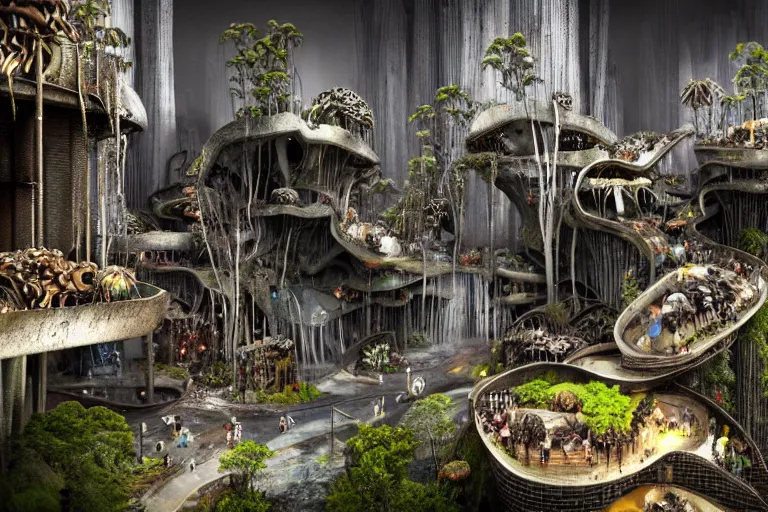 Image similar to favela fungus cathedral coaster hive, brutalist waterfall environment, industrial factory, terrifying, award winning art, epic dreamlike fantasy landscape, ultra realistic,