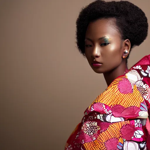 Prompt: beautiful young african - asian model, wearing a kimono. zeiss 1 5 0 mm f 2. 8 hasselblad