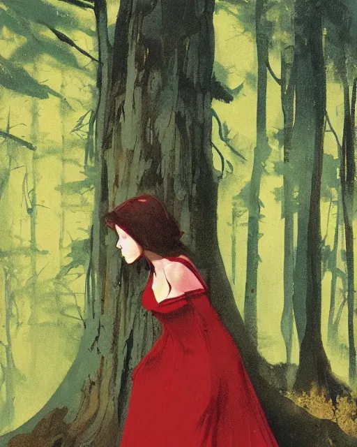 Prompt: a girl wearing red lost in the dark woods, 1 9 7 0 s, seventies, wallpaper, delicate embellishments, painterly, offset printing technique, by john howe, brom, robert henri, walter popp