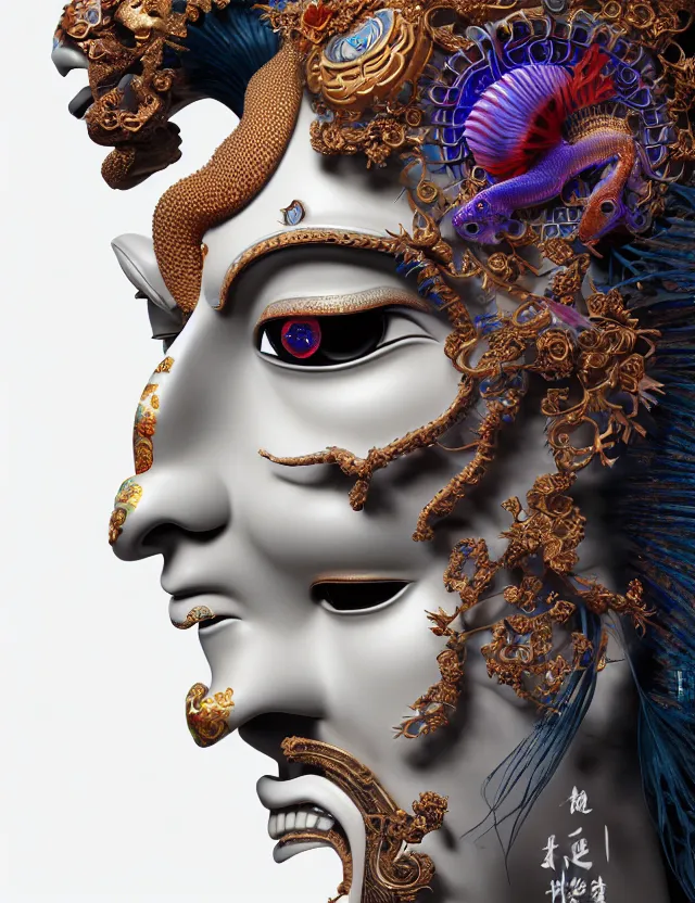 Image similar to 3 d goddess close up profile portrait with skull. beautiful intricately detailed chinese peking opera mask and clasical chinese cheongsam. betta fish, jellyfish phoenix, bio luminescent, plasma, ice, water, wind, creature, artwork by tooth wu and wlop and beeple and greg rutkowski