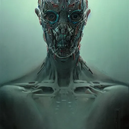 Prompt: portrait art illustration of an ultradetailed biomechanic evil neuronal cyborg, by greg rutkowski and Zdzisław Beksiński., photorealistic, 8k, intricate, futuristic, dramatic light, trending on cg society