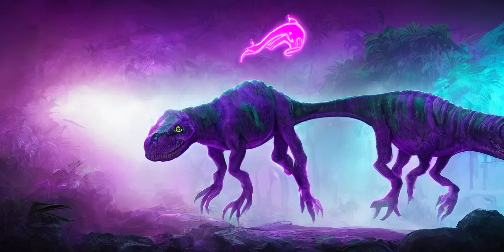Image similar to spectral purple neon ghost dinosaur, green jungle background, detailed, ultrawide landscape, concept art