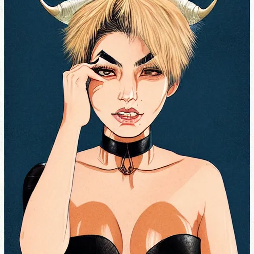 Image similar to illustrated realistic portrait of swept-back prong-horned devil woman with blue bob hairstyle and her tan colored skin and with solid black eyes wearing leather by rossdraws