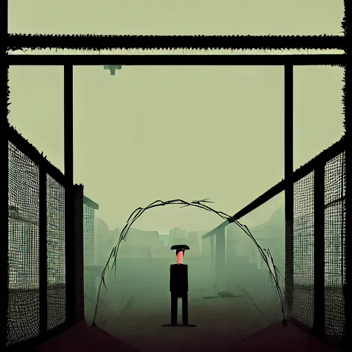 Image similar to a dystopian matte painting of a scared man standing in front of a fence with barbed wire by emiliano ponzi, james gilleard, george ault, david hockney, atey ghailan, albert namatjira, marius borgeaud, minimalist, bauhaus, retrofuturism, concept art, matte background, matte drawing, generative art