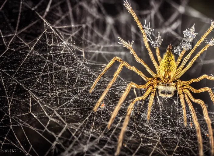 Image similar to macro portrait of a crystal spider in the forest. Fantasy magic style. Highly detailed 8k. Intricate. Nikon d850 300mm. Award winning photography.