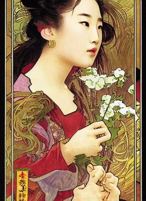 Prompt: Liu yifei close-up on a tarot card, tarot in art style by Alphonse Mucha