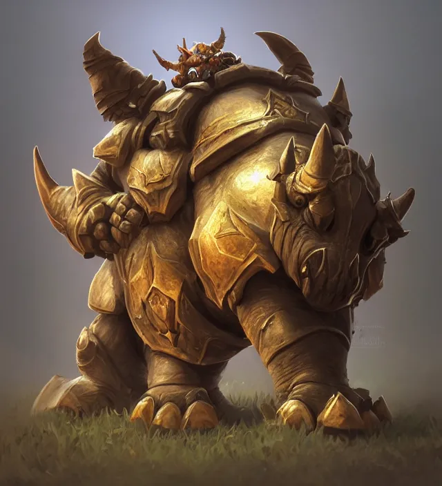 Image similar to “a well rendered anthropomorphic chibi sized rhinoceros portrait, world of Warcraft armor, subject in the center of the frame, rule of thirds, golden ratio, elegant, digital painting, octane 4k render, zbrush, hyperrealistic, artstation, concept art, smooth, sharp focus, illustration from World of Warcraft by Ruan Jia and Mandy Jurgens and Artgerm and William-Adolphe Bouguerea”